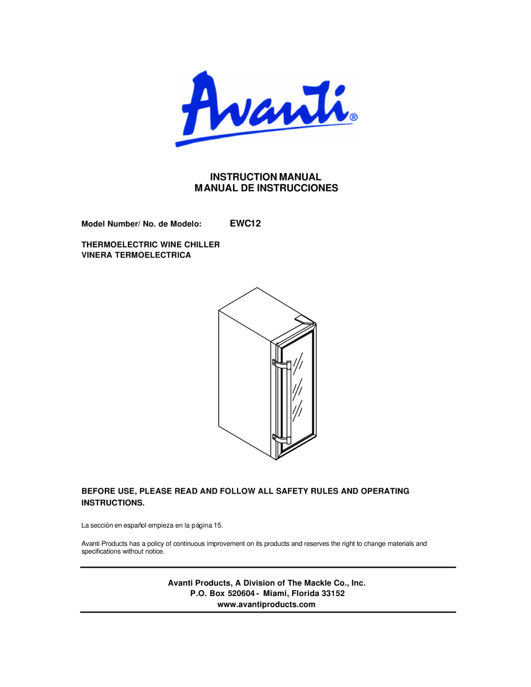 Avanti EWC12 instruction manual Manual DE Instrucciones, Model Number/ No. de Modelo 