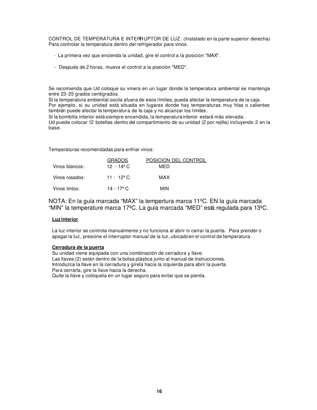 Avanti EWC12 instruction manual Luz interior, Cerradura de la puerta 