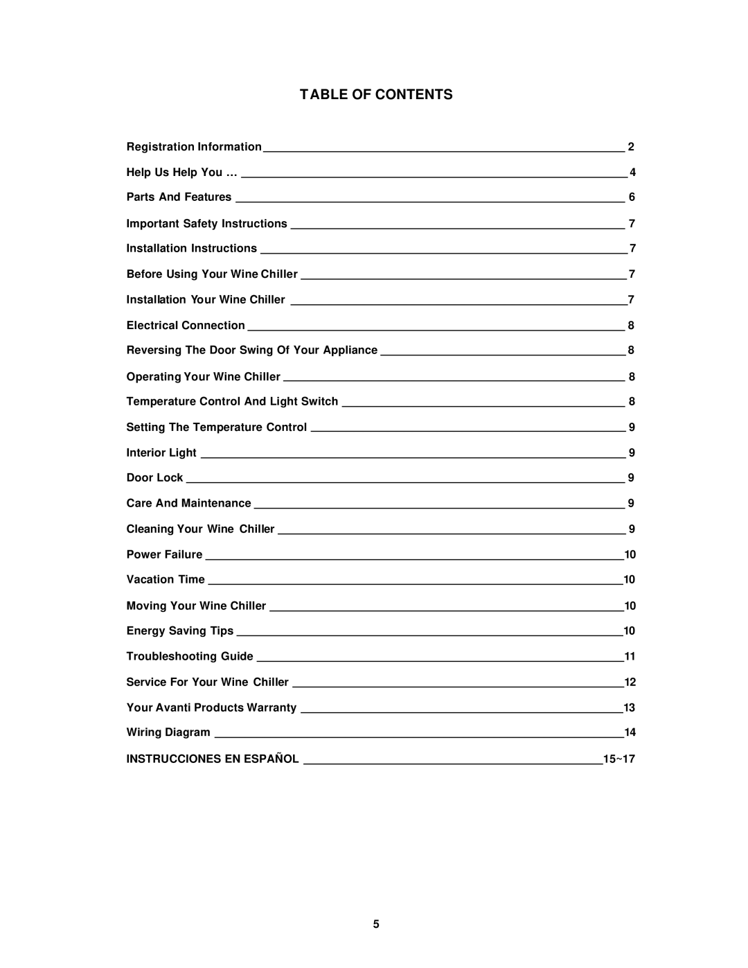 Avanti EWC12 instruction manual Table of Contents 