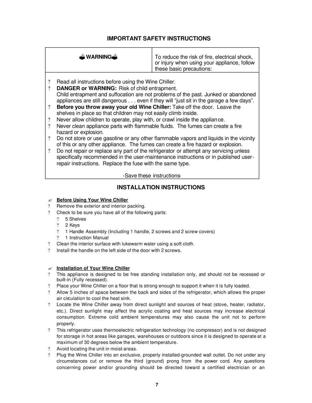 Avanti EWC12 instruction manual Important Safety Instructions, Installation Instructions, ? Before Using Your Wine Chiller 