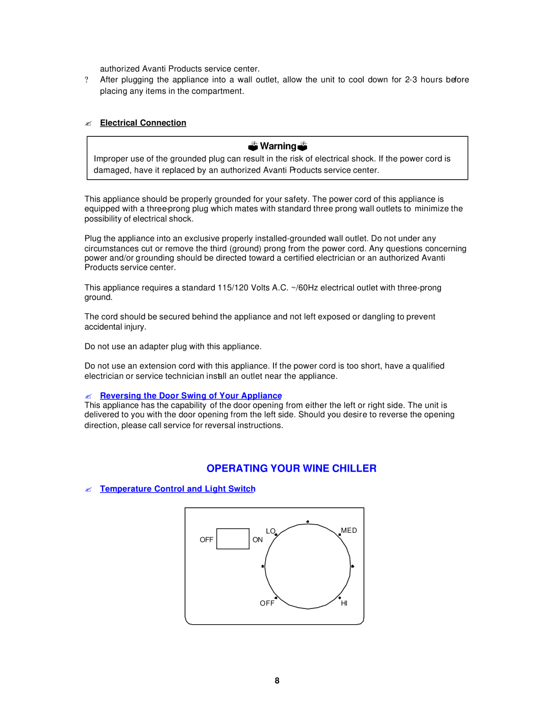 Avanti EWC12 instruction manual ?Warning?, ? Electrical Connection 