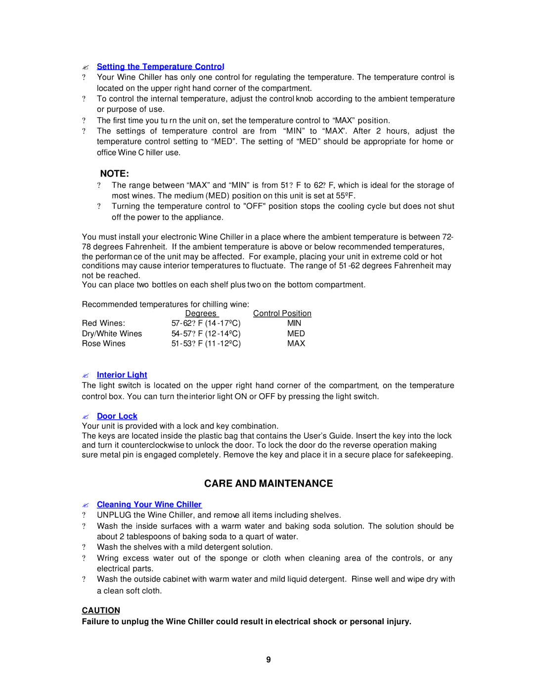 Avanti EWC12 instruction manual Care and Maintenance, ? Setting the Temperature Control 