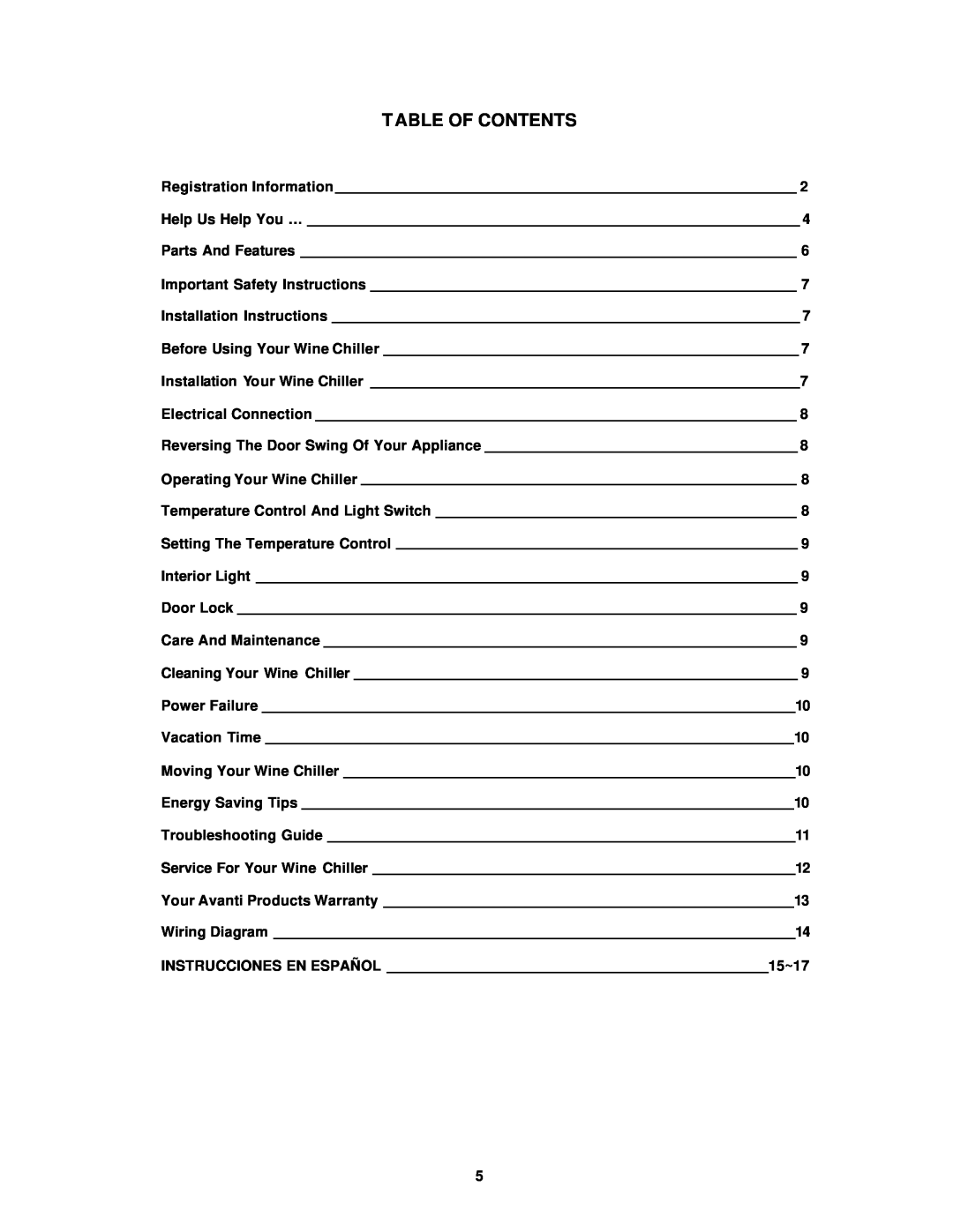 Avanti EWC12 instruction manual Table Of Contents 