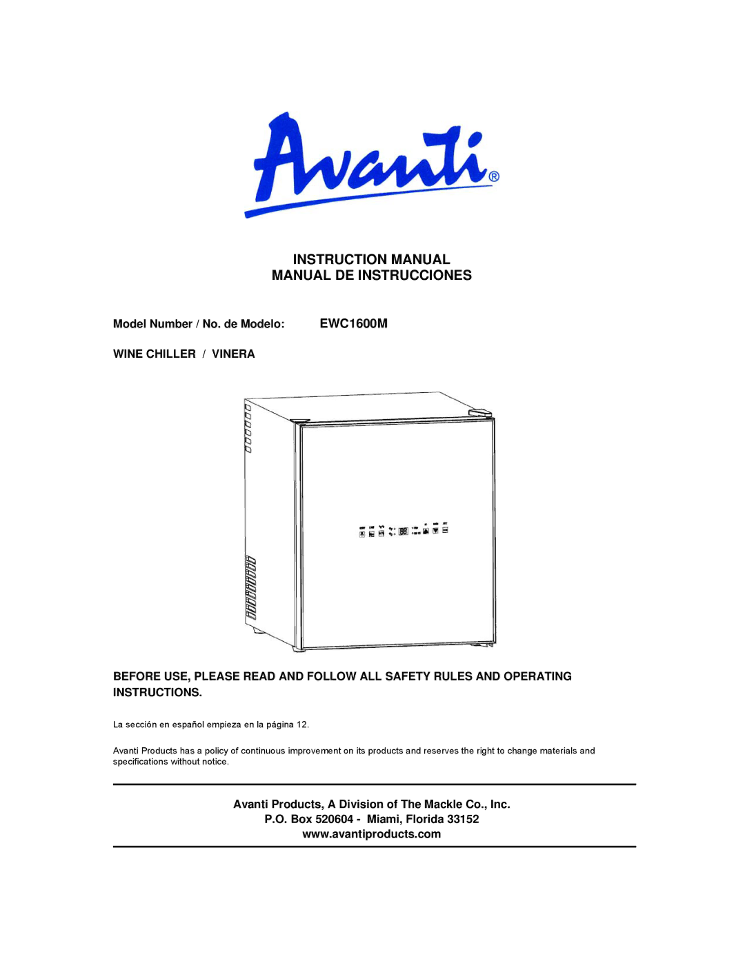 Avanti instruction manual Manual DE Instrucciones, Model Number / No. de Modelo EWC1600M 