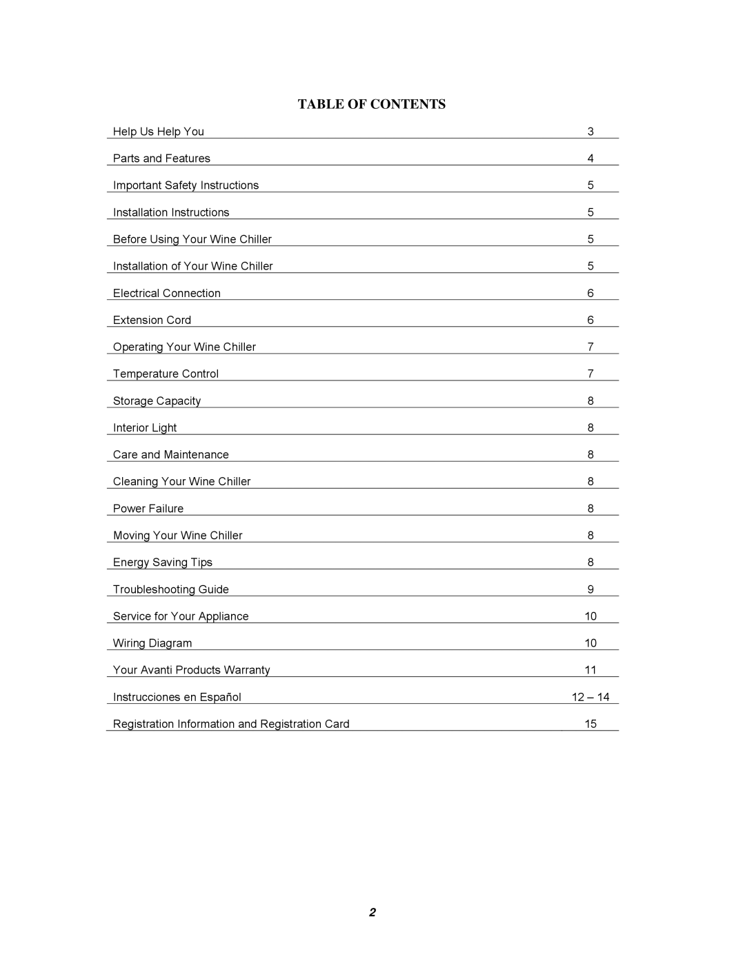 Avanti EWC1600M instruction manual Table of Contents 