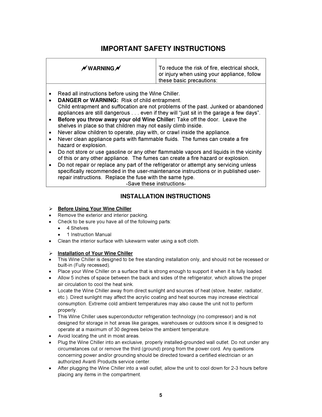 Avanti EWC1600M Installation Instructions,  Before Using Your Wine Chiller,  Installation of Your Wine Chiller 