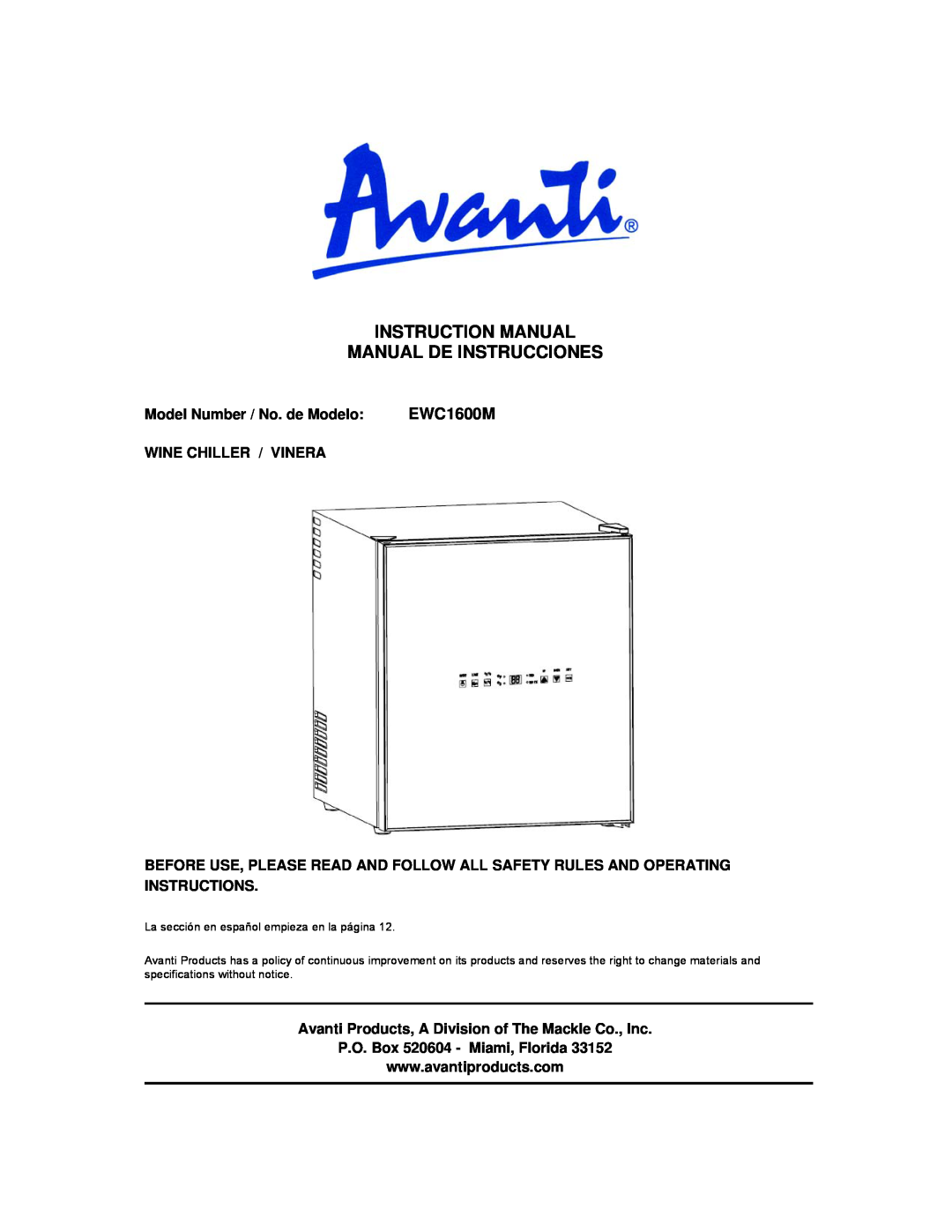 Avanti EWC1600M instruction manual Instruction Manual Manual De Instrucciones, Model Number / No. de Modelo 