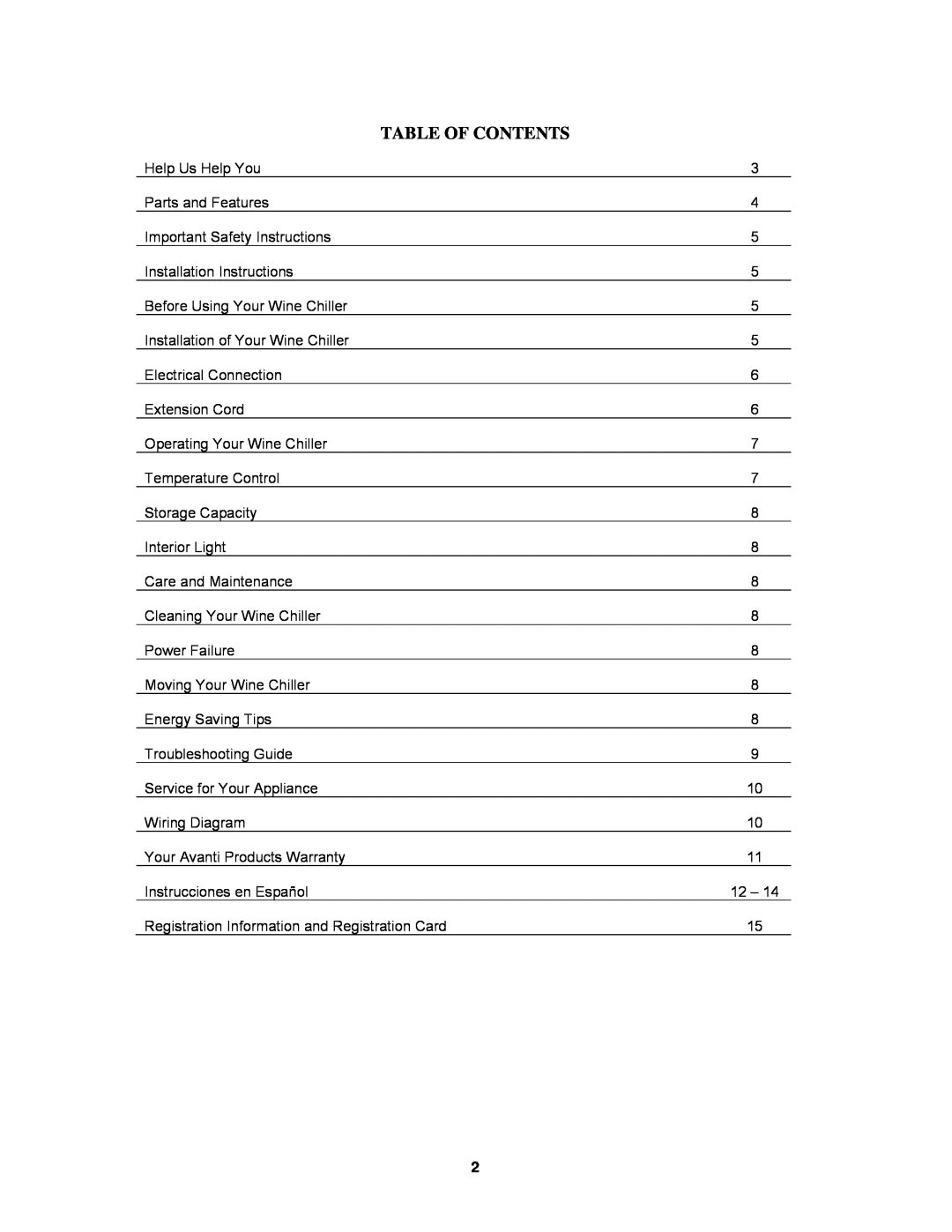 Avanti EWC1600M instruction manual Table Of Contents 