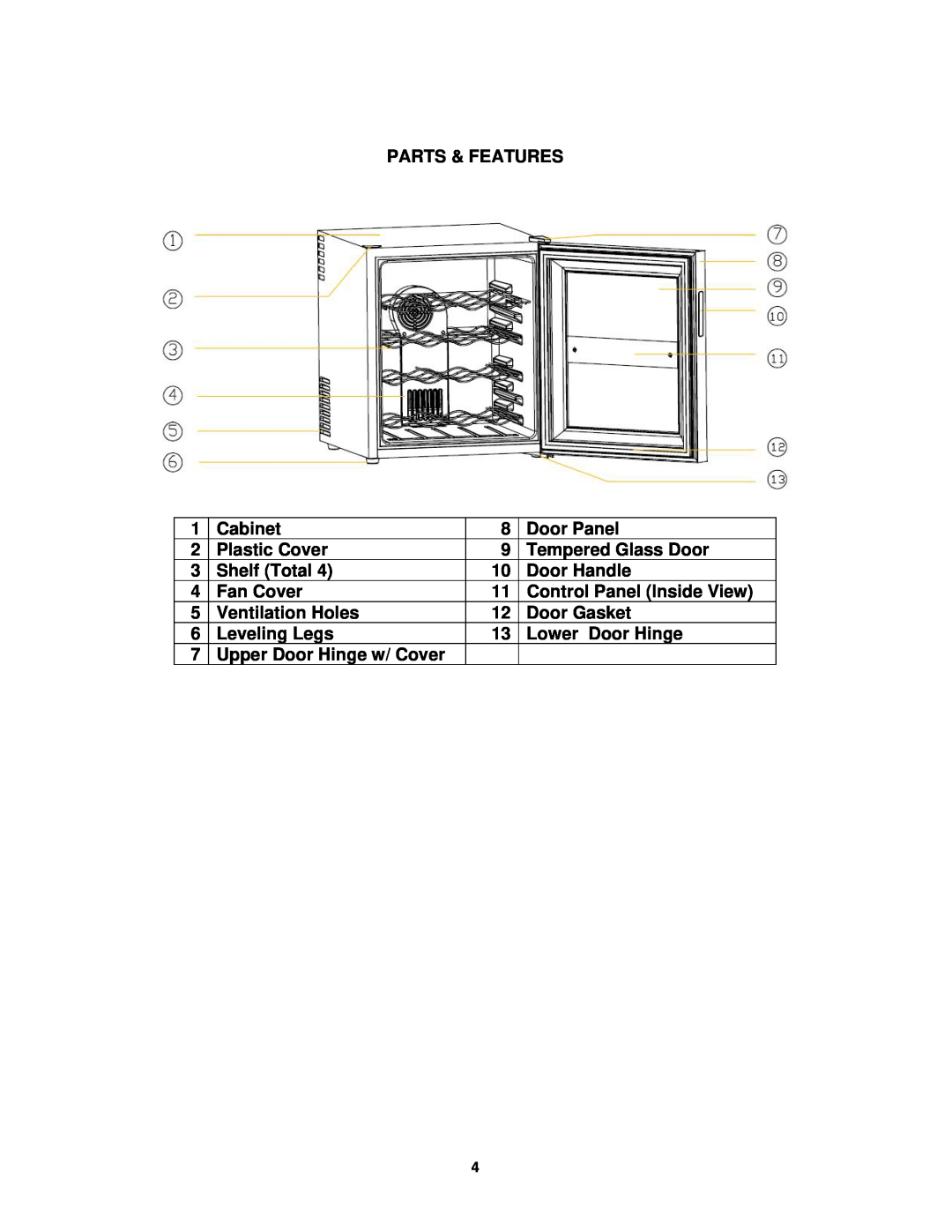 Avanti EWC1600M Parts & Features, Cabinet, Door Panel, Plastic Cover, Tempered Glass Door, Shelf Total, Door Handle 