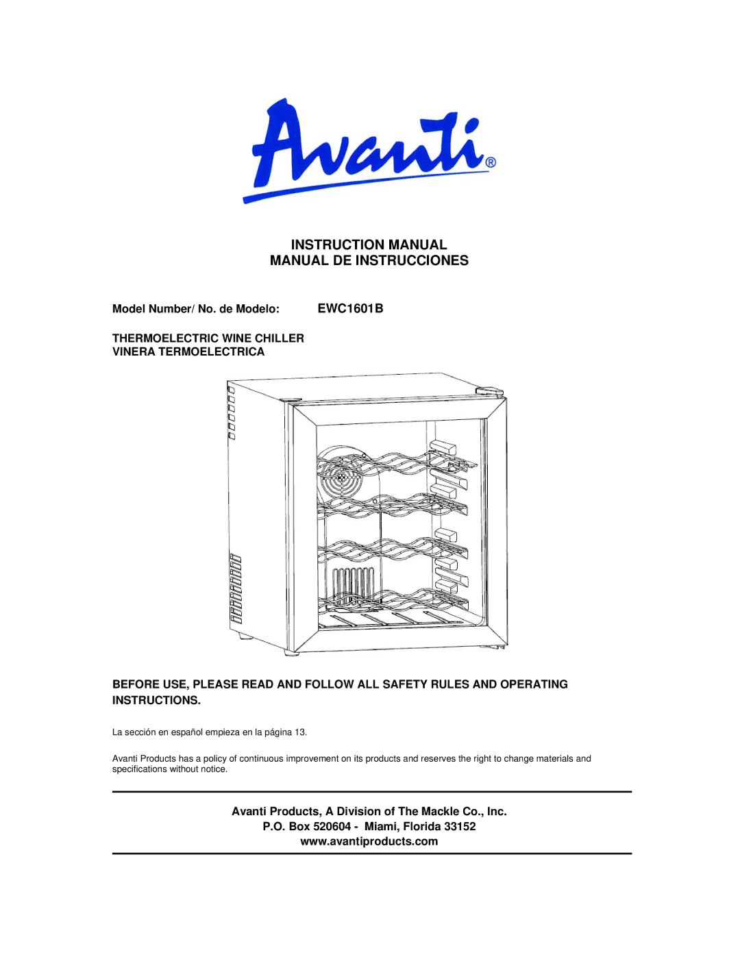 Avanti manual Manual DE Instrucciones, Model Number/ No. de Modelo EWC1601B 