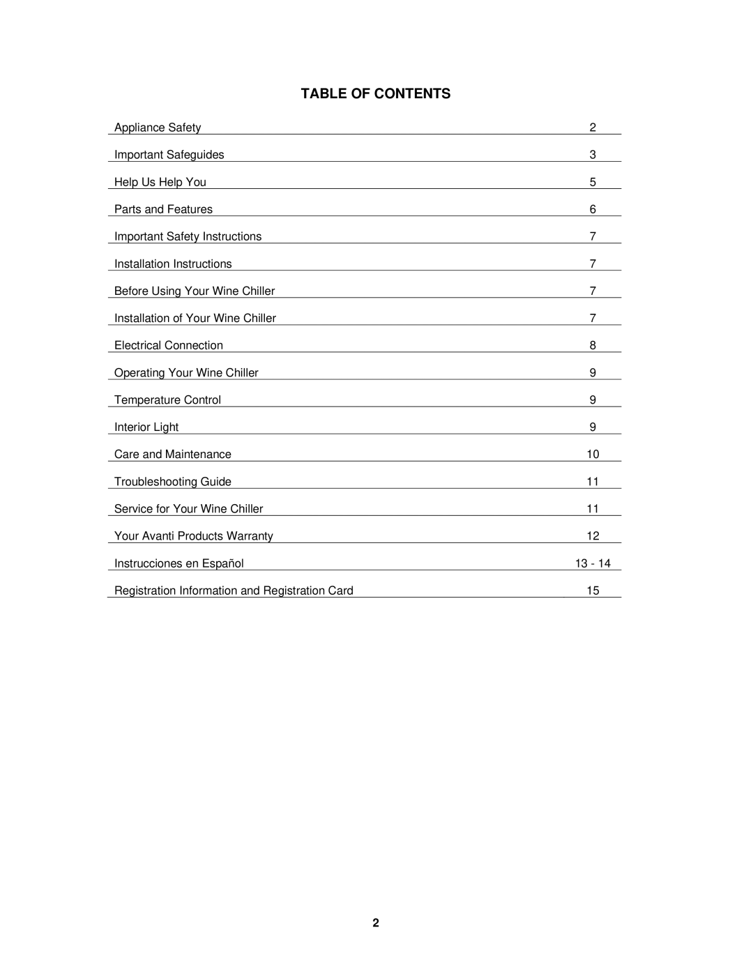 Avanti EWC1601B manual Table of Contents 