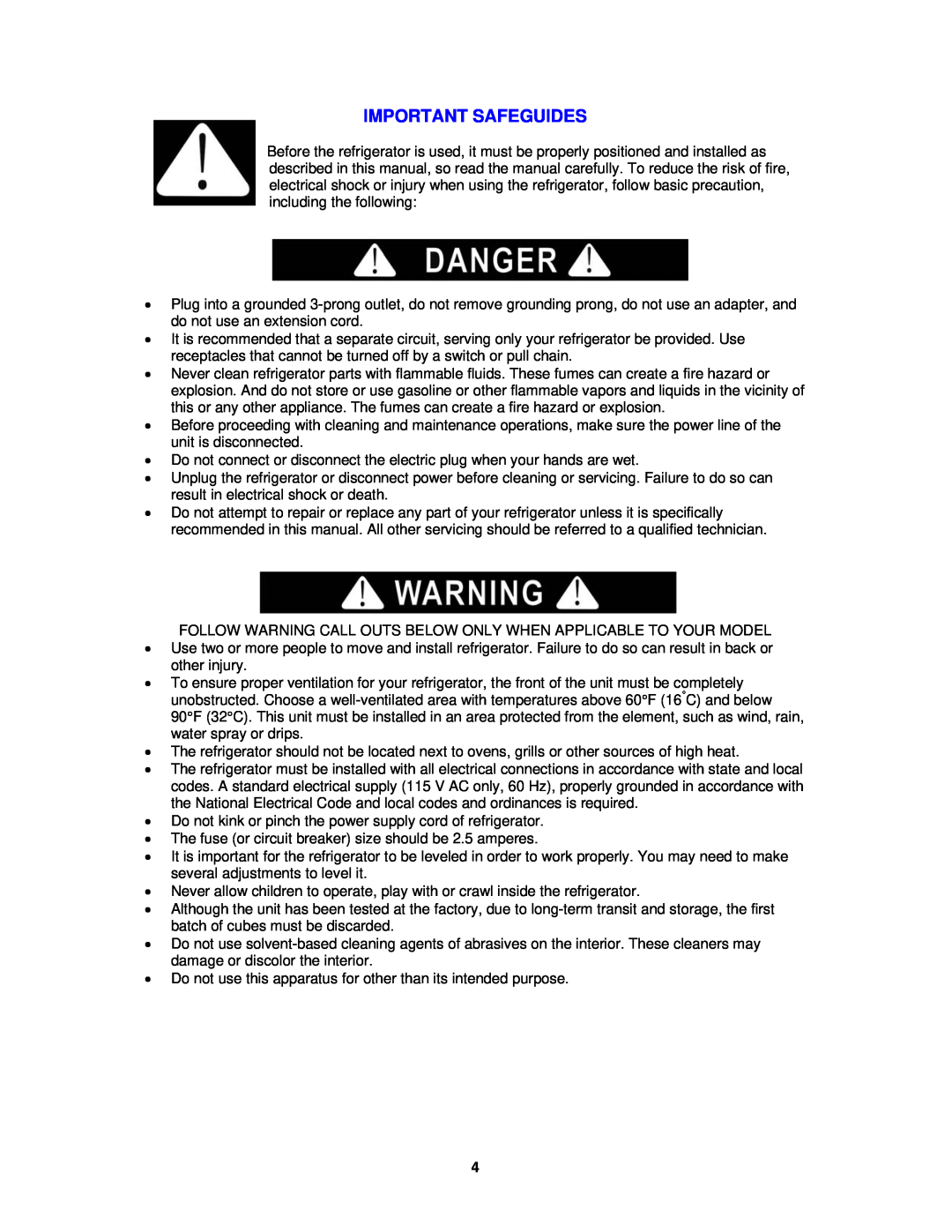 Avanti EWC1601B manual Important Safeguides 