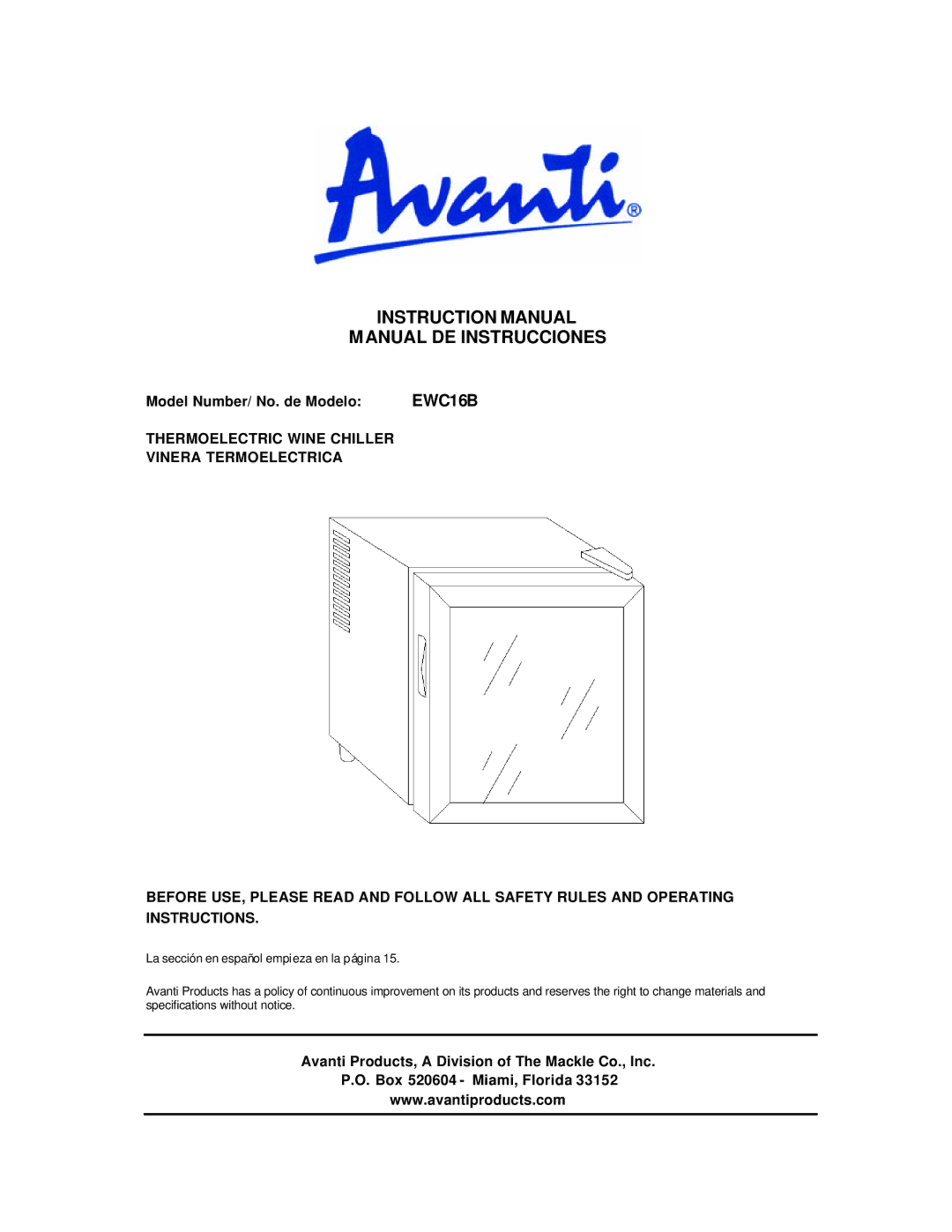 Avanti EWC16B instruction manual Manual DE Instrucciones, Model Number/ No. de Modelo 