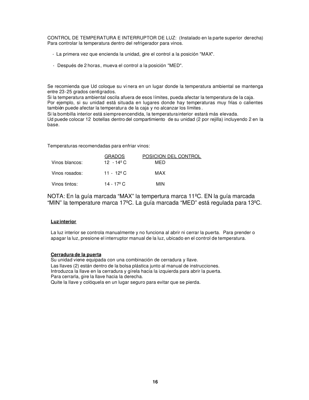 Avanti EWC16B instruction manual Luz interior, Cerradura de la puerta 