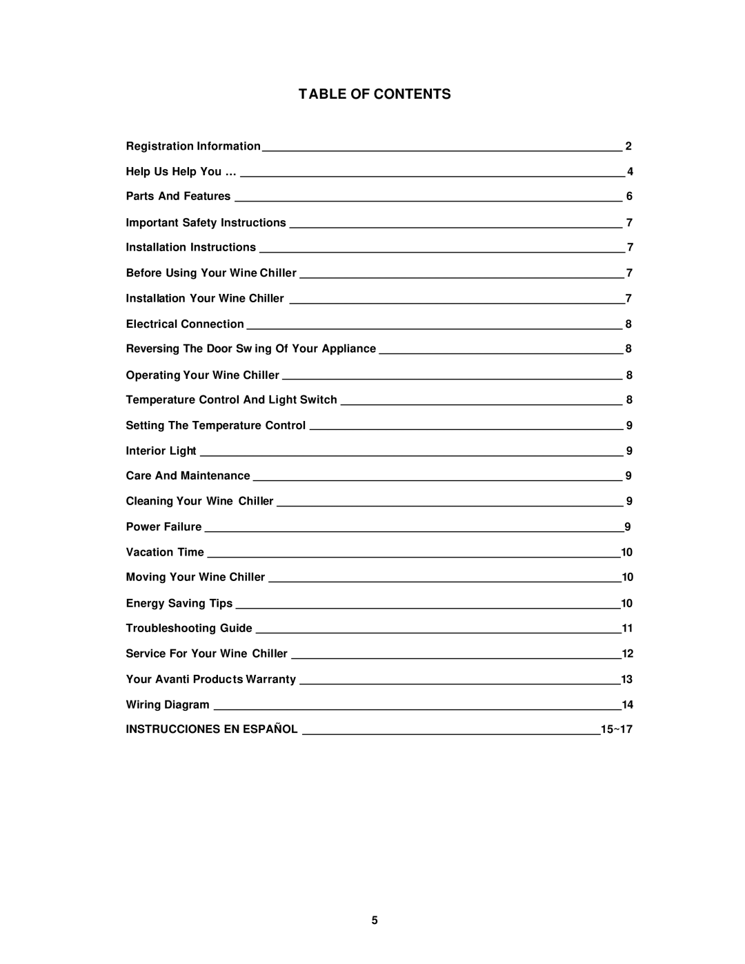 Avanti EWC16B instruction manual Table of Contents 