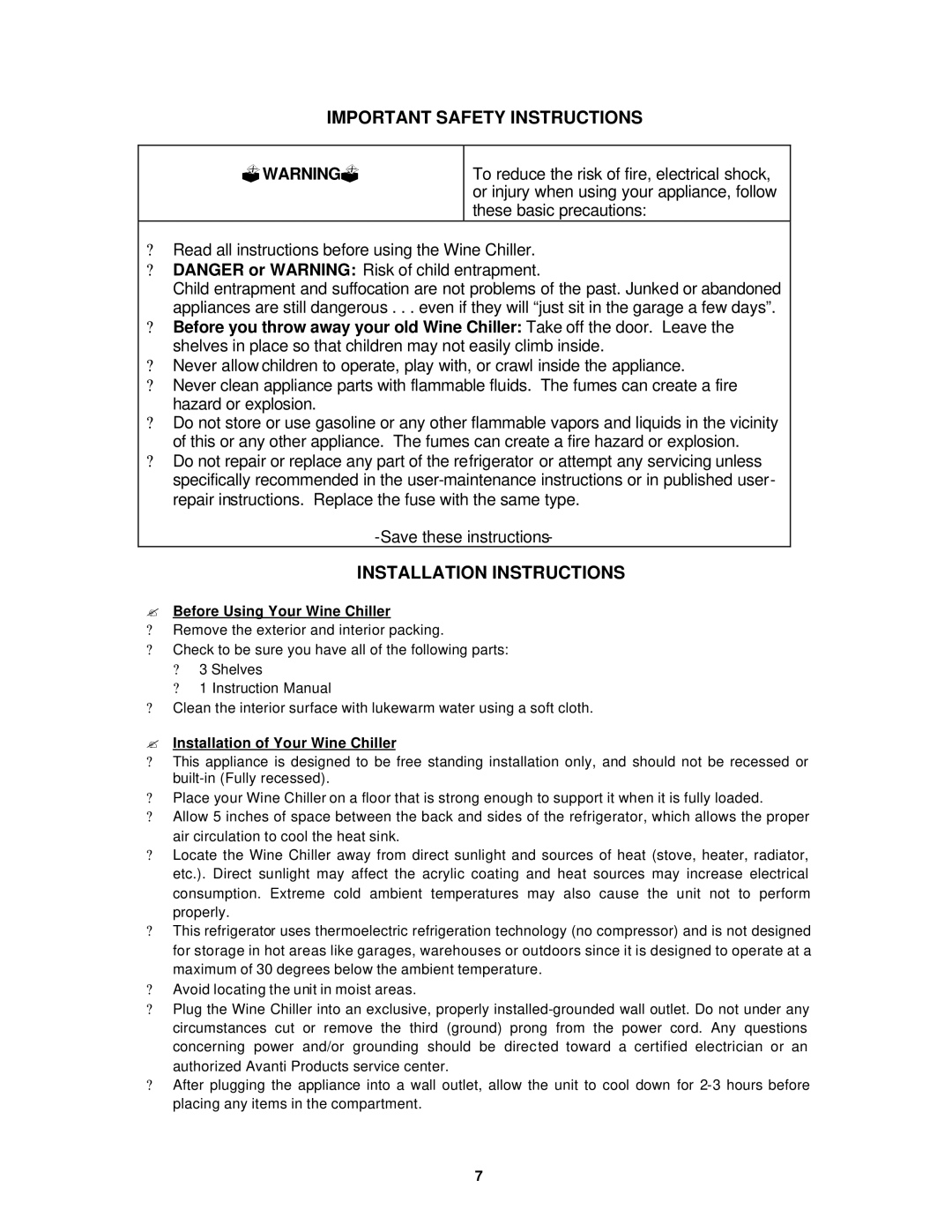 Avanti EWC16B instruction manual Important Safety Instructions, Installation Instructions, ? Before Using Your Wine Chiller 
