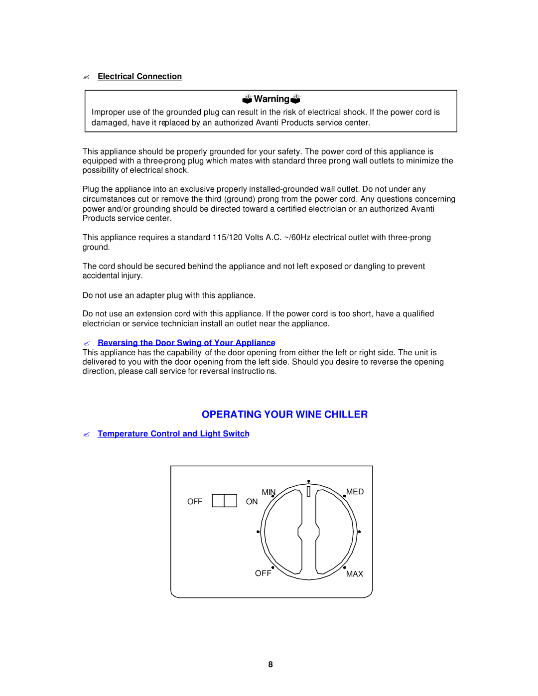 Avanti EWC16B instruction manual ?Warning?, ? Electrical Connection 