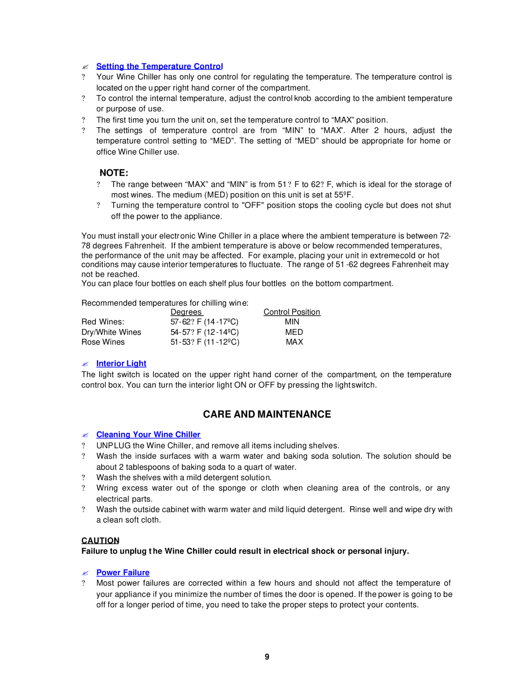 Avanti EWC16B instruction manual Care and Maintenance, ? Setting the Temperature Control 