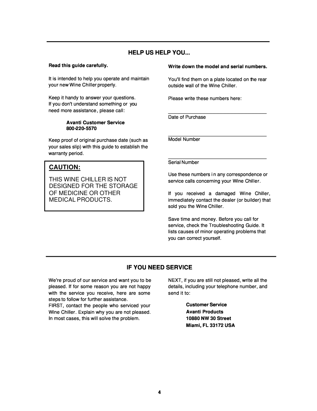 Avanti EWC16B instruction manual Help Us Help You, If You Need Service, Read this guide carefully, Avanti Customer Service 