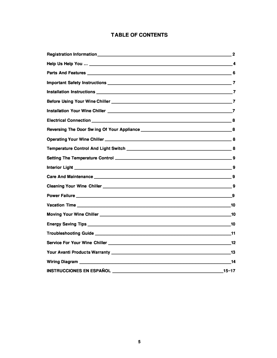 Avanti EWC16B instruction manual Table Of Contents 