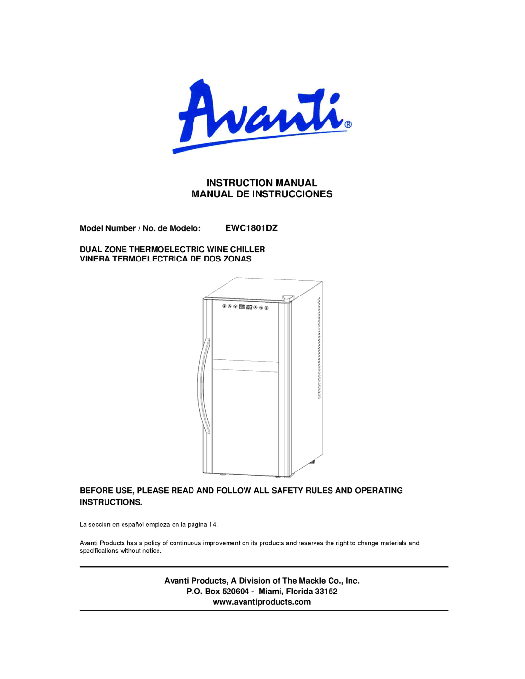 Avanti EWC1801DZ instruction manual Manual DE Instrucciones, Model Number / No. de Modelo 