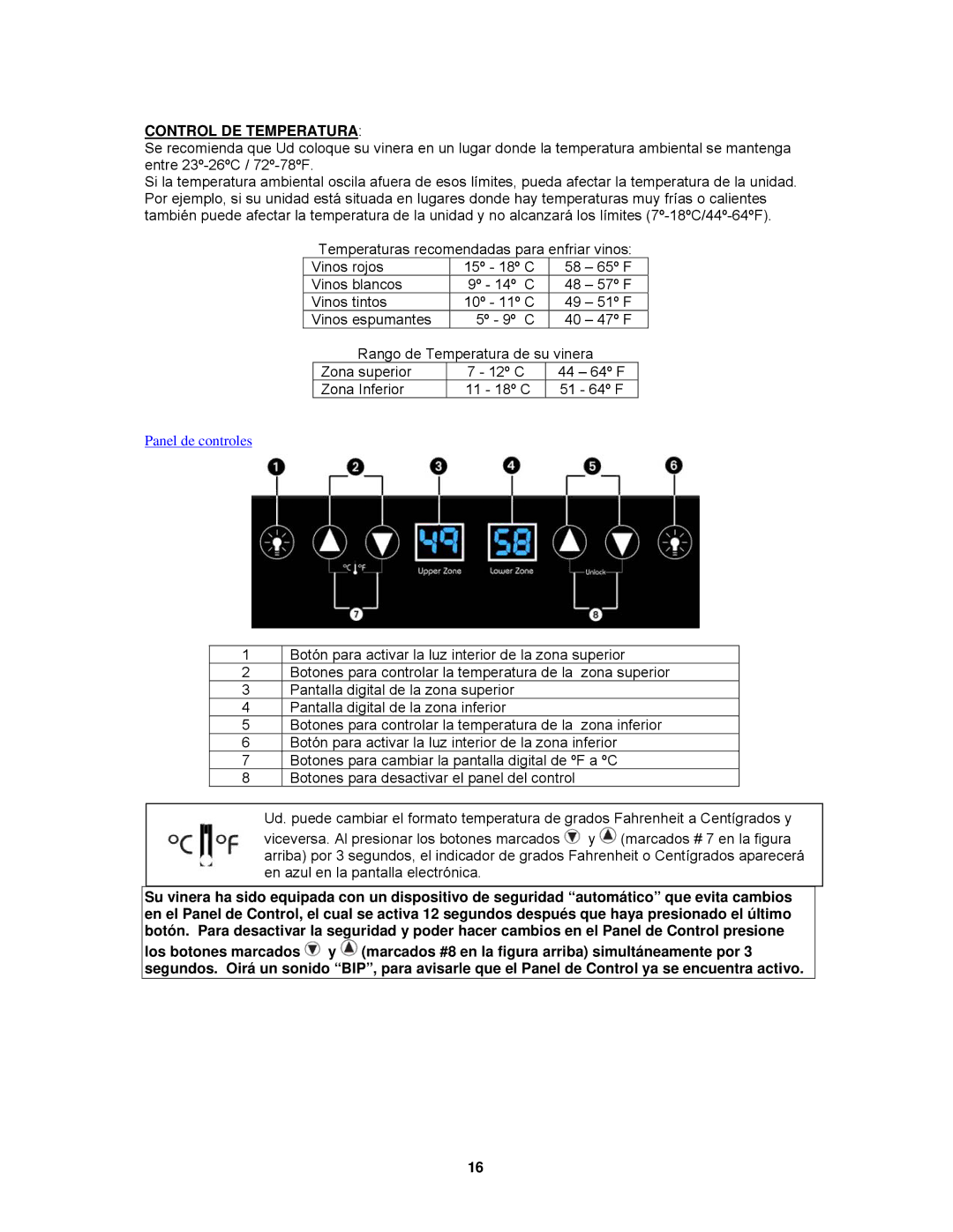 Avanti EWC1801DZ instruction manual Control DE Temperatura 