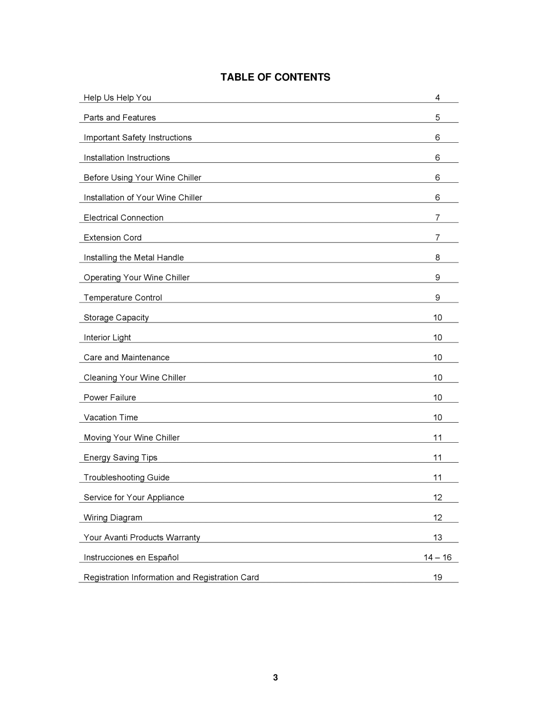 Avanti EWC1801DZ instruction manual Table of Contents 