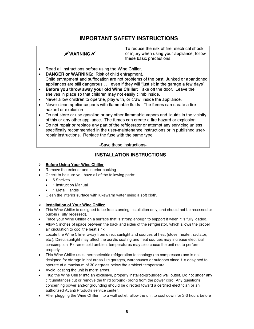 Avanti EWC1801DZ Installation Instructions,  Before Using Your Wine Chiller,  Installation of Your Wine Chiller 