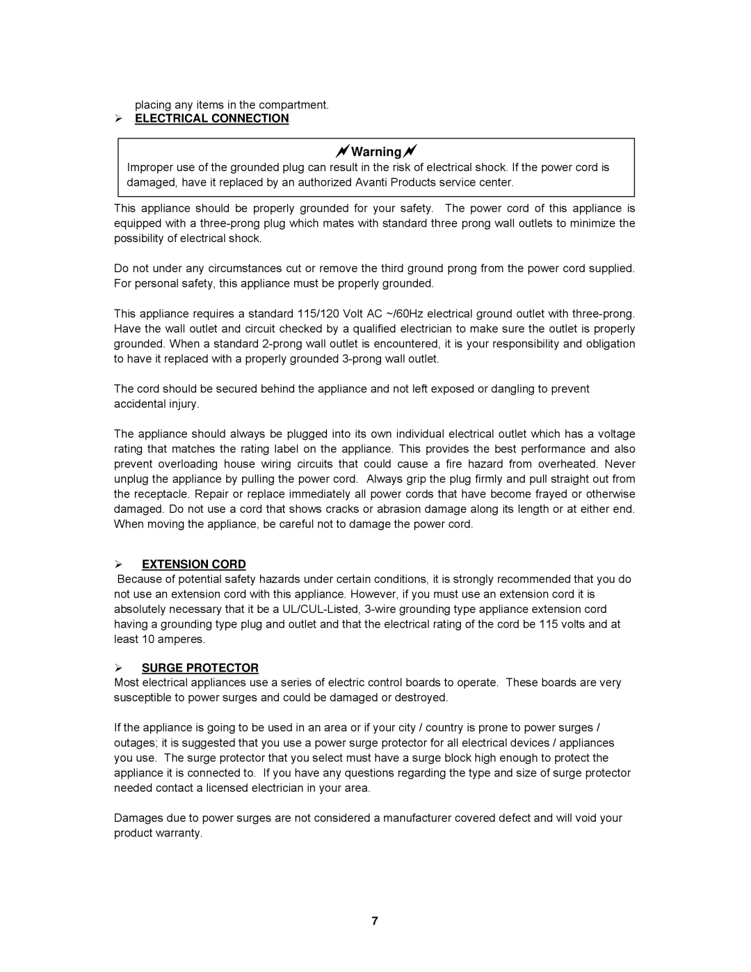 Avanti EWC1801DZ instruction manual  Electrical Connection,  Extension Cord,  Surge Protector 