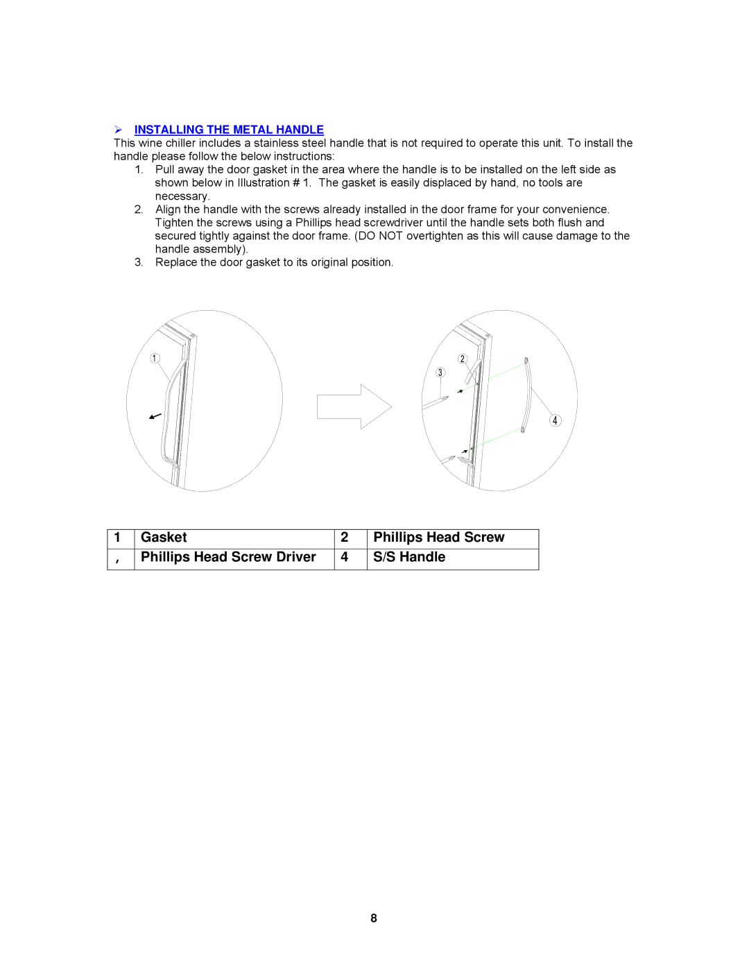 Avanti EWC1801DZ instruction manual Gasket Phillips Head Screw Phillips Head Screw Driver Handle 