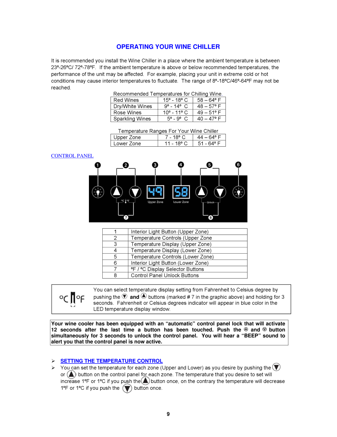 Avanti EWC1801DZ instruction manual Operating Your Wine Chiller 