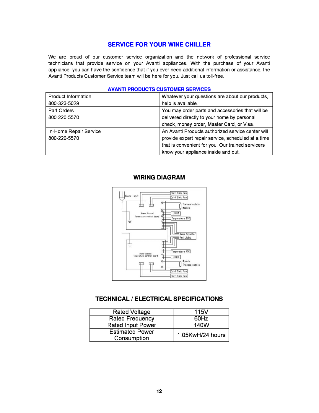 Avanti EWC1801DZ Service For Your Wine Chiller, Wiring Diagram Technical / Electrical Specifications, Rated Voltage, 115V 