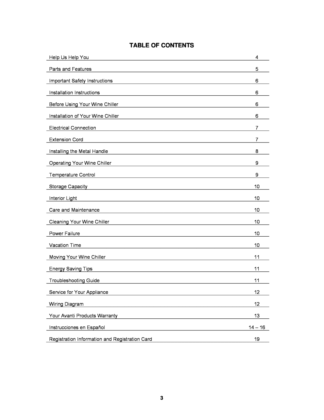 Avanti EWC1801DZ instruction manual Table Of Contents 