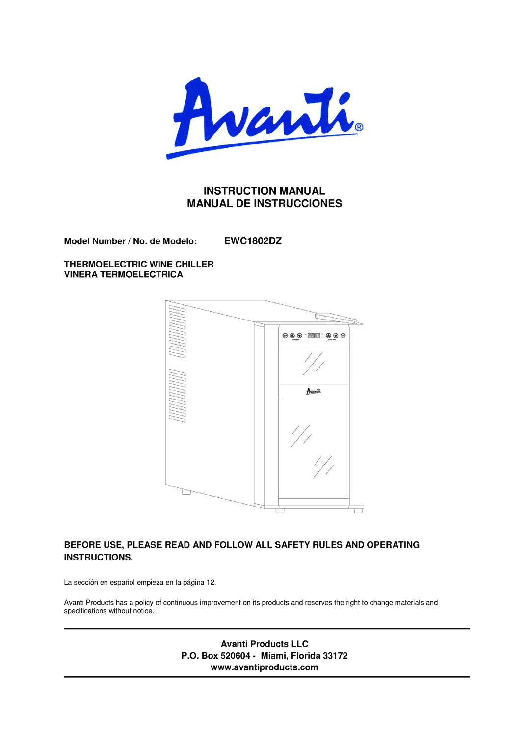 Avanti EWC1802DZ manual Manual DE Instrucciones, Model Number / No. de Modelo 