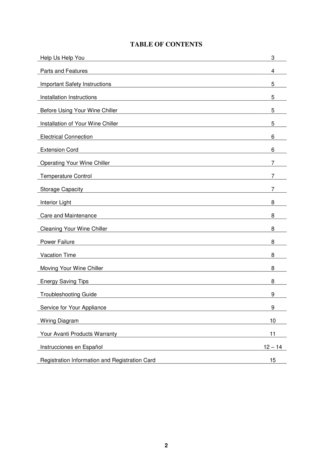 Avanti EWC1802DZ manual Table of Contents 