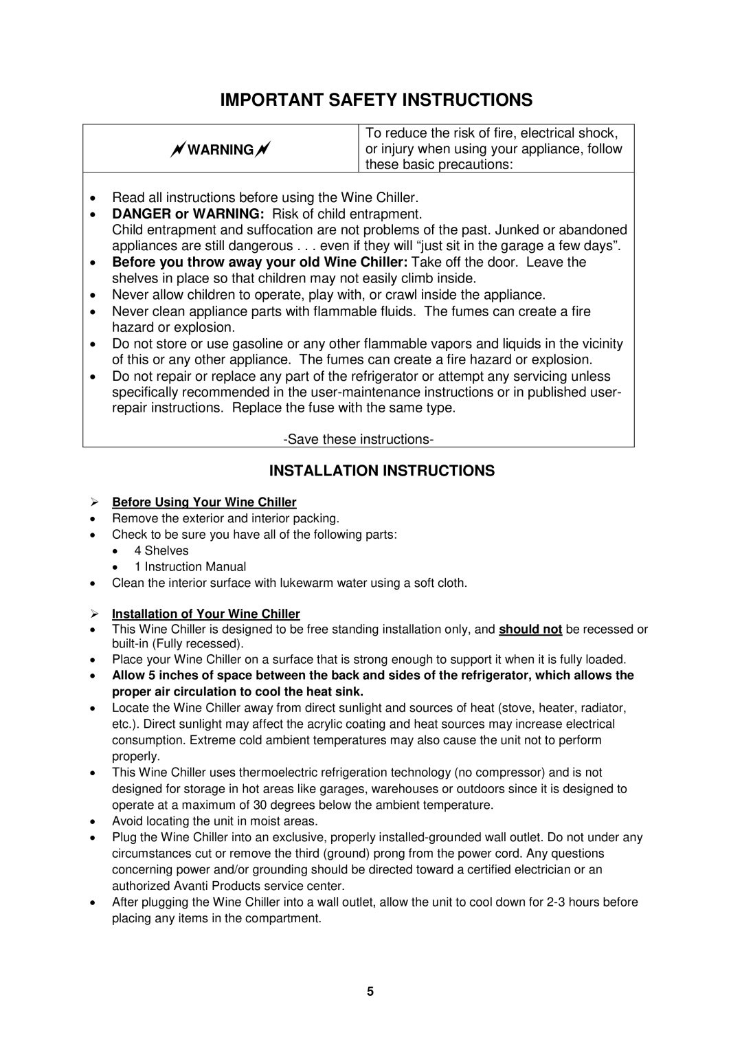 Avanti EWC1802DZ manual Installation Instructions,  Before Using Your Wine Chiller,  Installation of Your Wine Chiller 