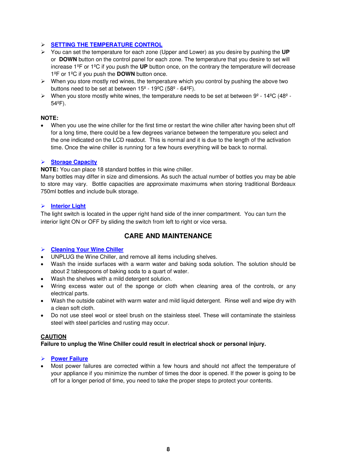 Avanti EWC1802DZ manual Care and Maintenance,  Setting the Temperature Control 