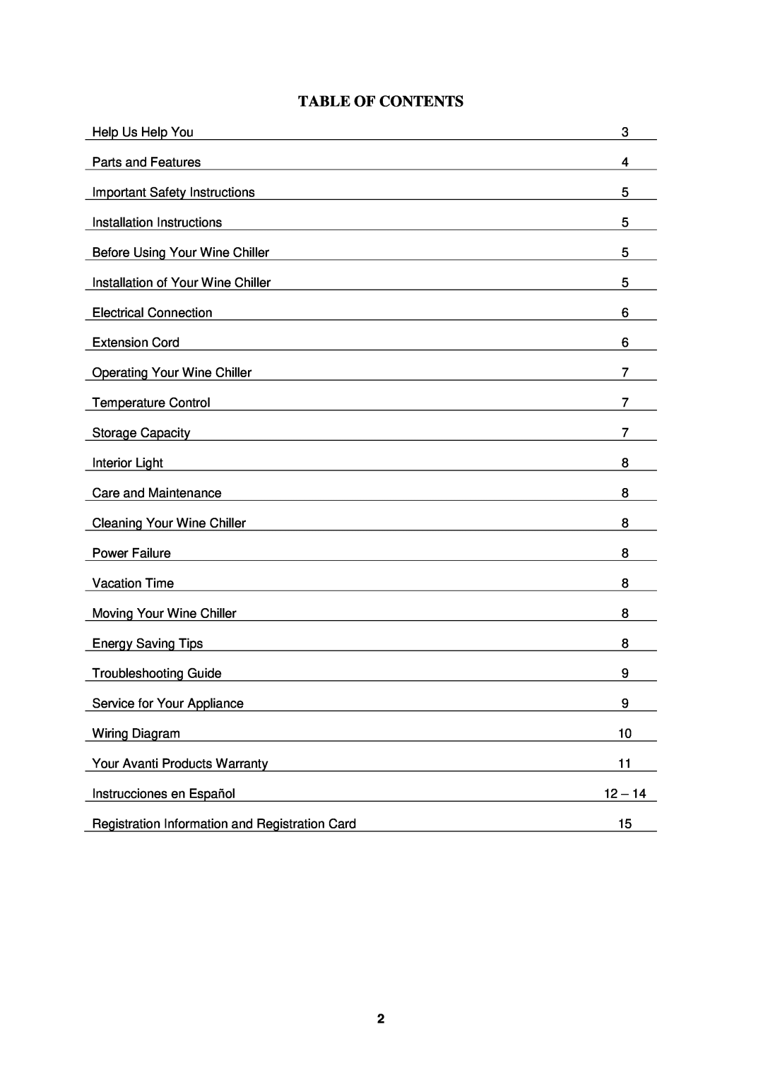 Avanti EWC1802DZ manual Table Of Contents 
