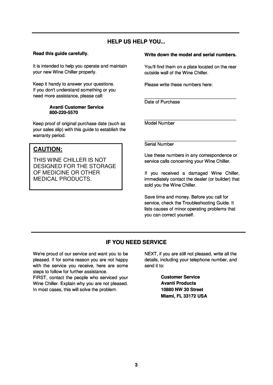 Avanti EWC1802DZ manual Help Us Help You, If You Need Service, Read this guide carefully, Avanti Customer Service 