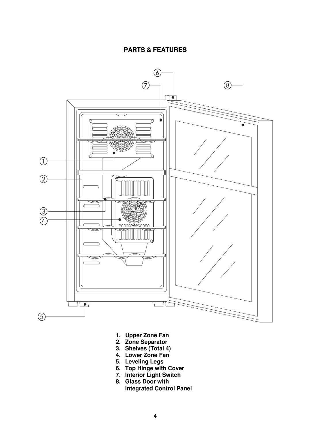 Avanti EWC1802DZ manual Parts & Features, Upper Zone Fan 2. Zone Separator 3. Shelves Total 