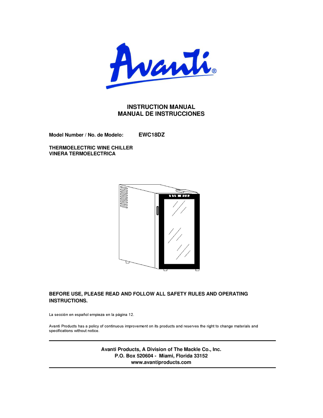 Avanti EWC18DZ instruction manual Manual DE Instrucciones, Model Number / No. de Modelo 