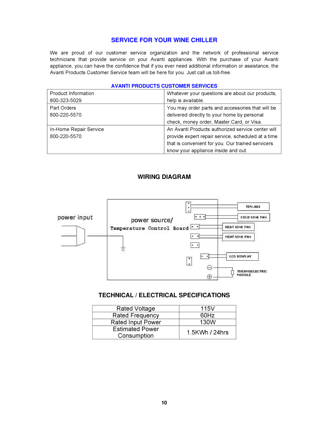 Avanti EWC18DZ instruction manual Service for Your Wine Chiller, Wiring Diagram Technical / Electrical Specifications 