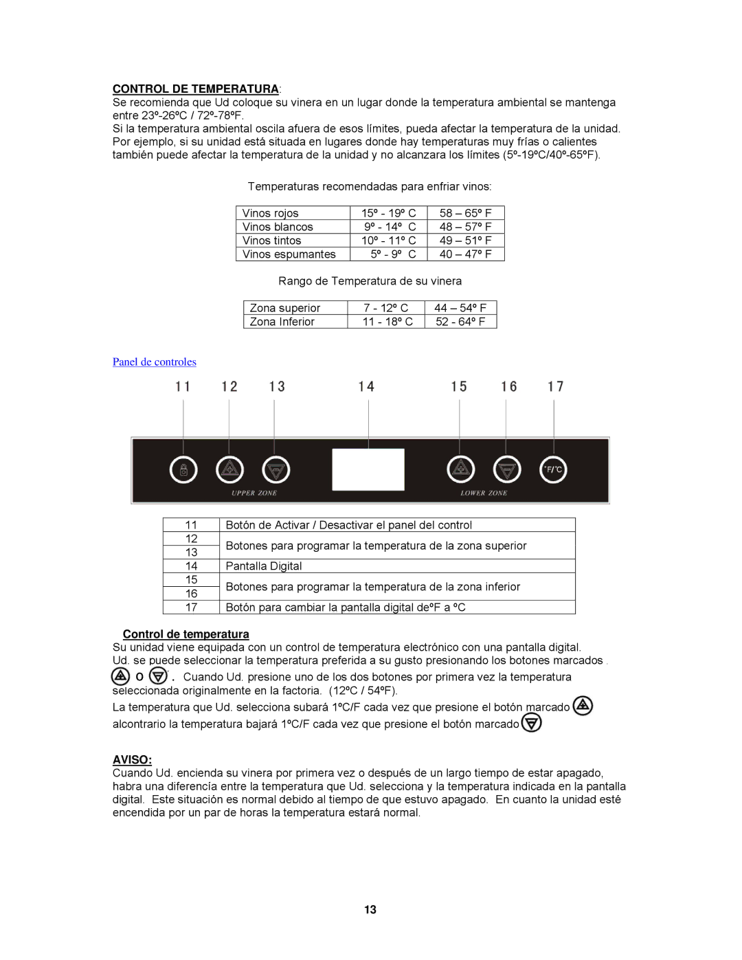 Avanti EWC18DZ instruction manual Control DE Temperatura, Control de temperatura, Aviso 