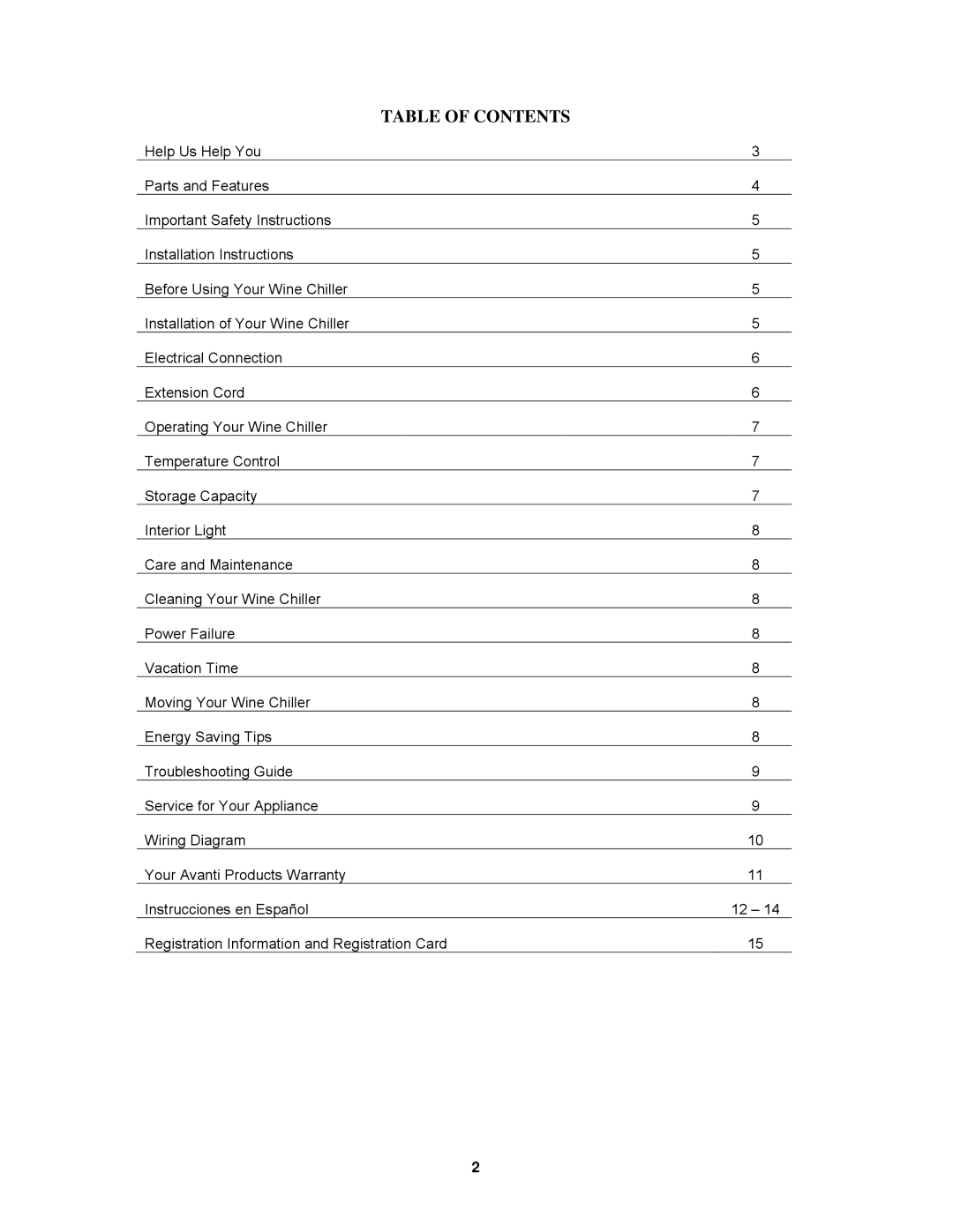 Avanti EWC18DZ instruction manual Table of Contents 