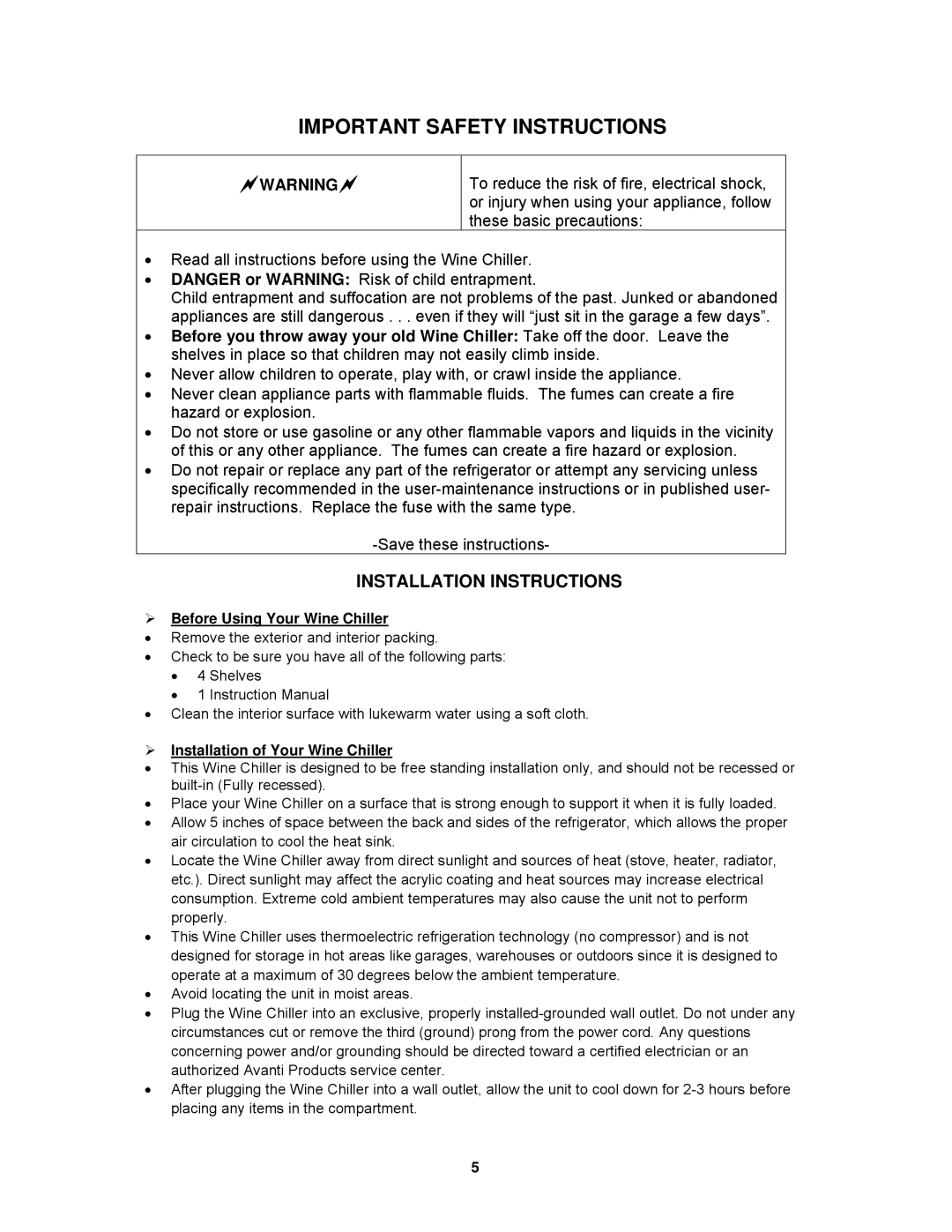 Avanti EWC18DZ Installation Instructions, ¾ Before Using Your Wine Chiller, ¾ Installation of Your Wine Chiller 