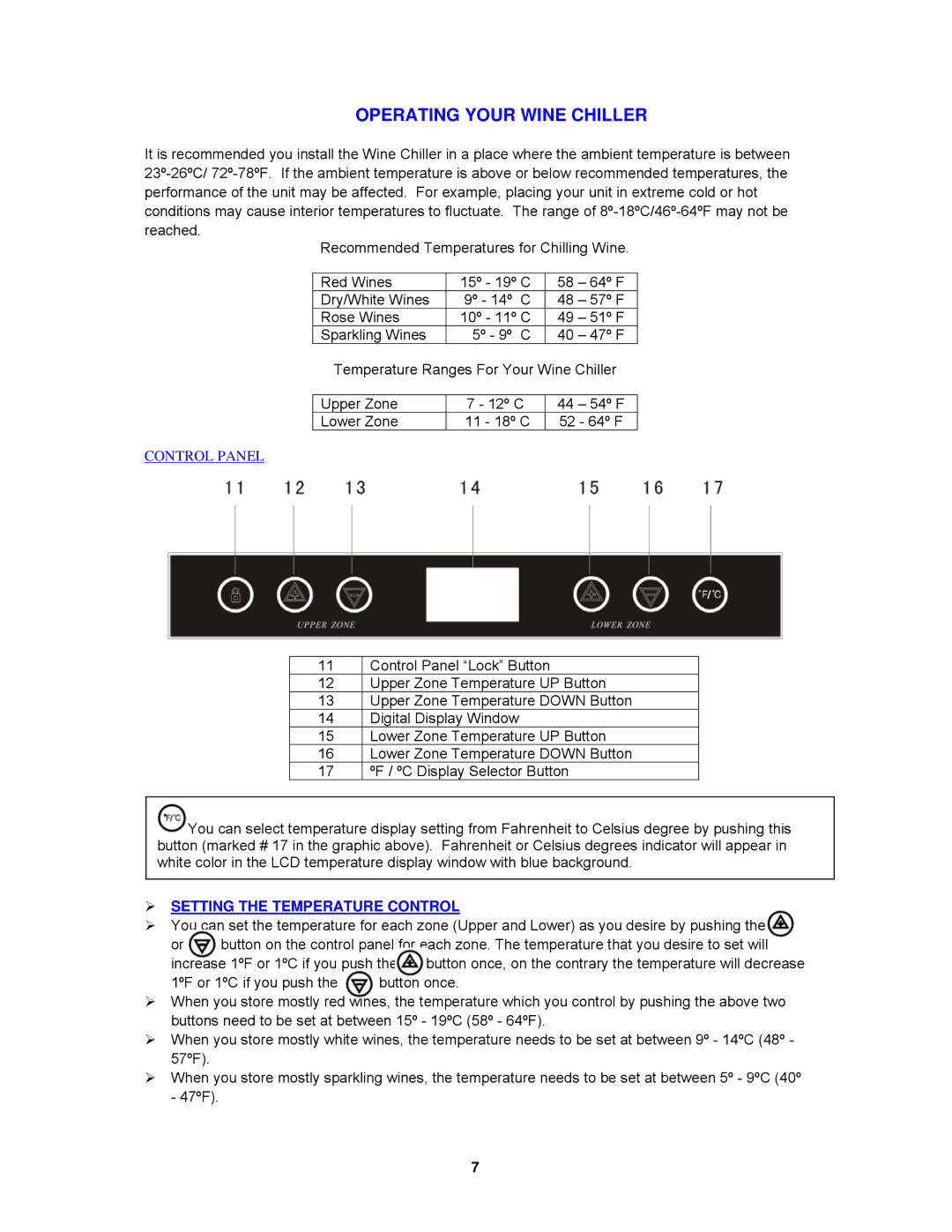 Avanti EWC18DZ instruction manual Operating Your Wine Chiller 