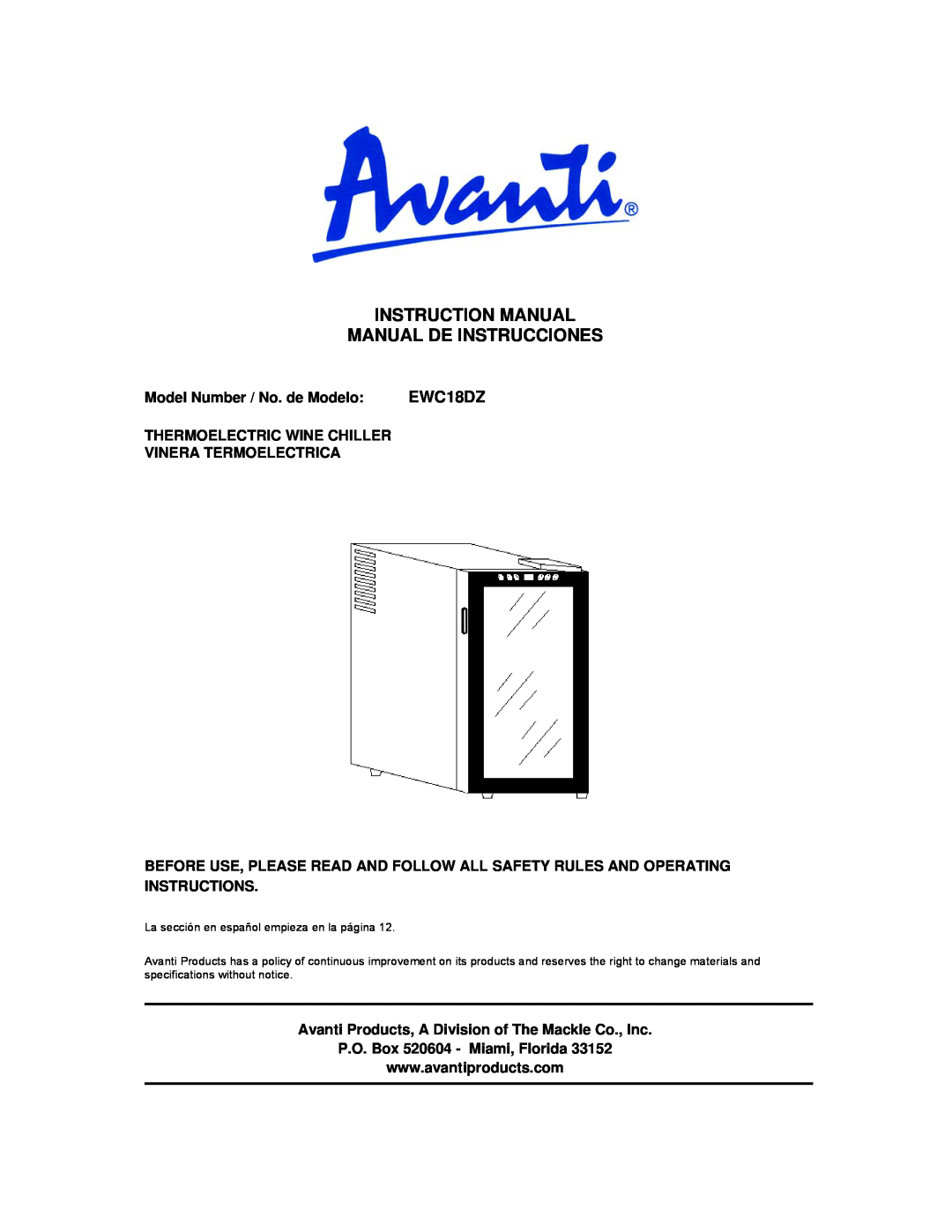 Avanti EWC18DZ instruction manual Model Number / No. de Modelo, Thermoelectric Wine Chiller Vinera Termoelectrica 