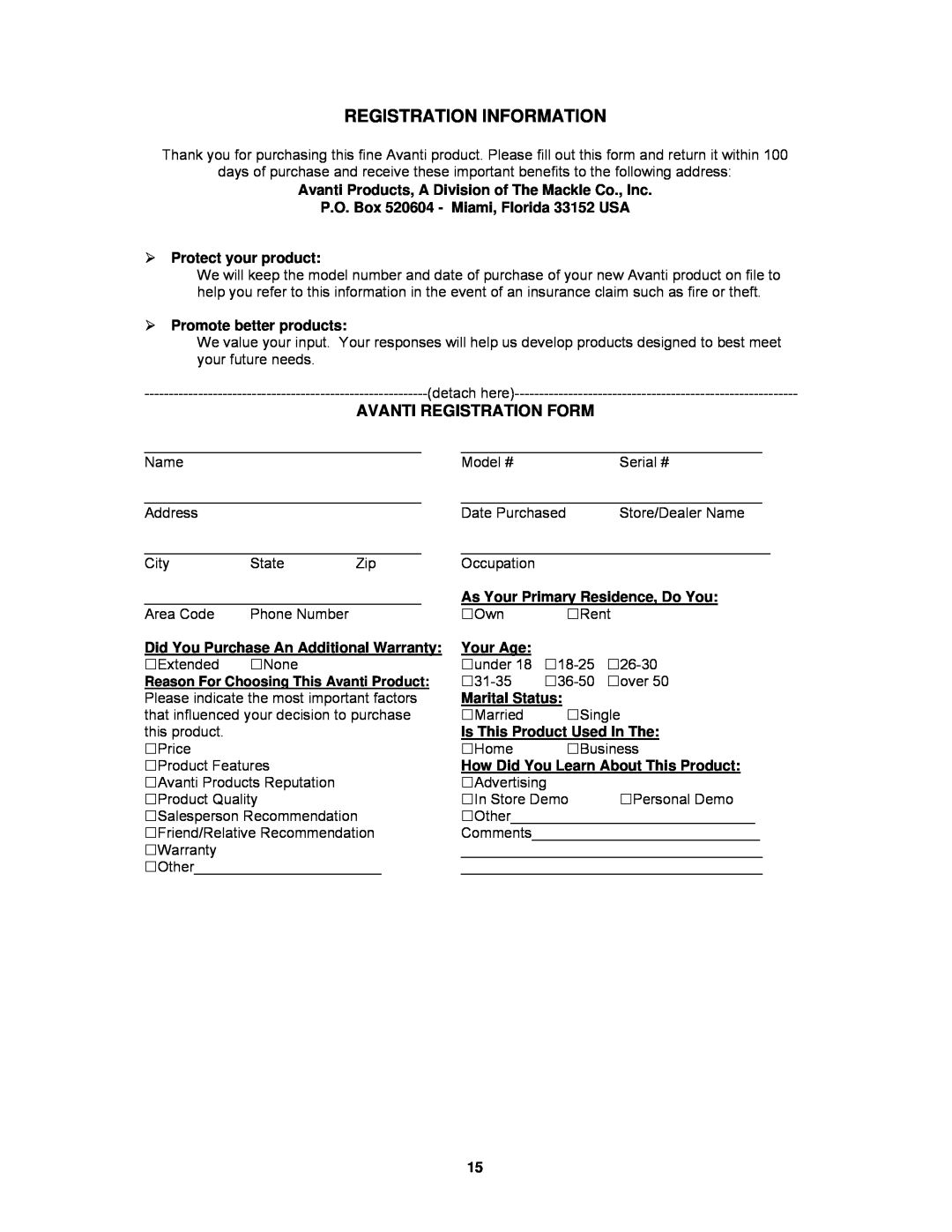 Avanti EWC18DZ Registration Information, Avanti Registration Form, P.O. Box 520604 - Miami, Florida 33152 USA, Your Age 
