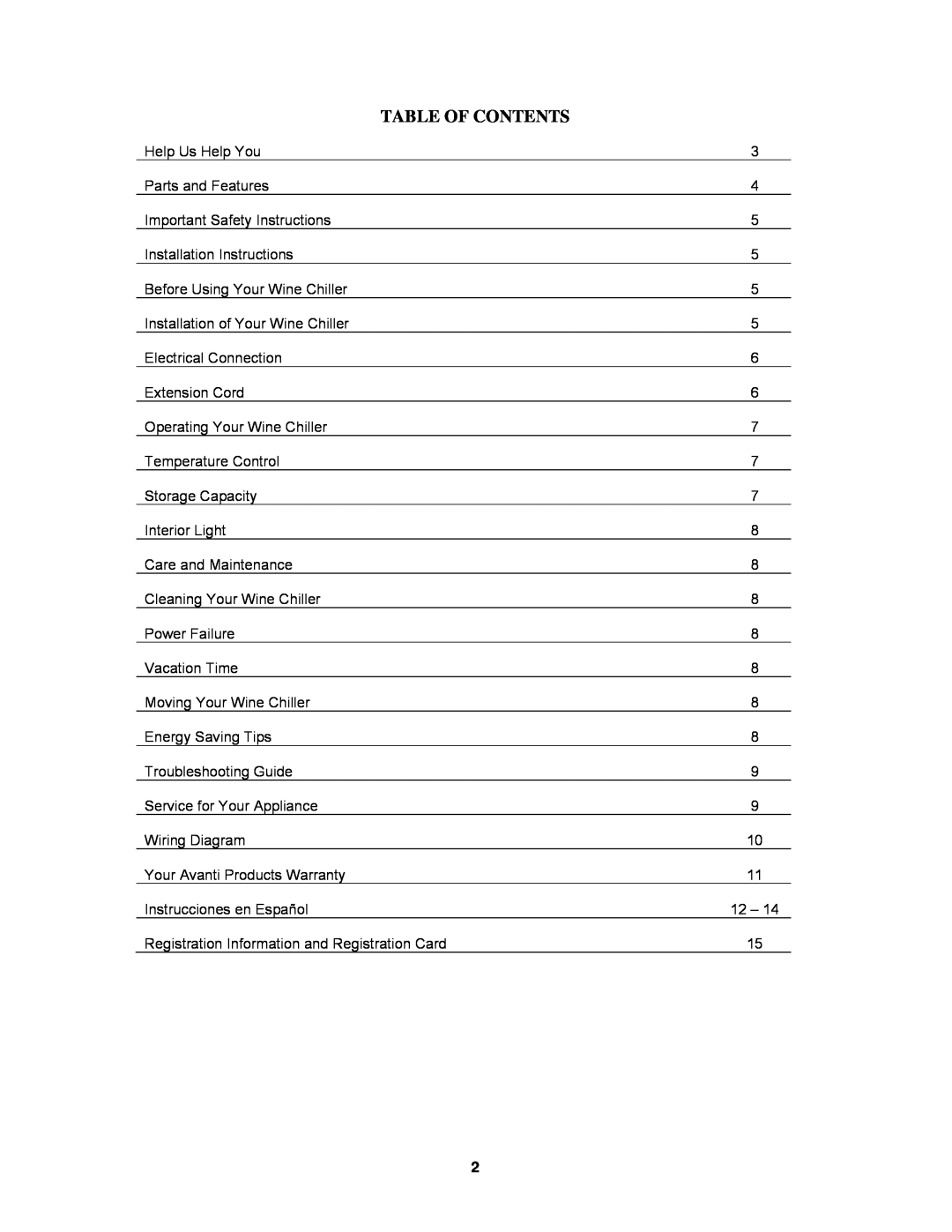Avanti EWC18DZ instruction manual Table Of Contents 