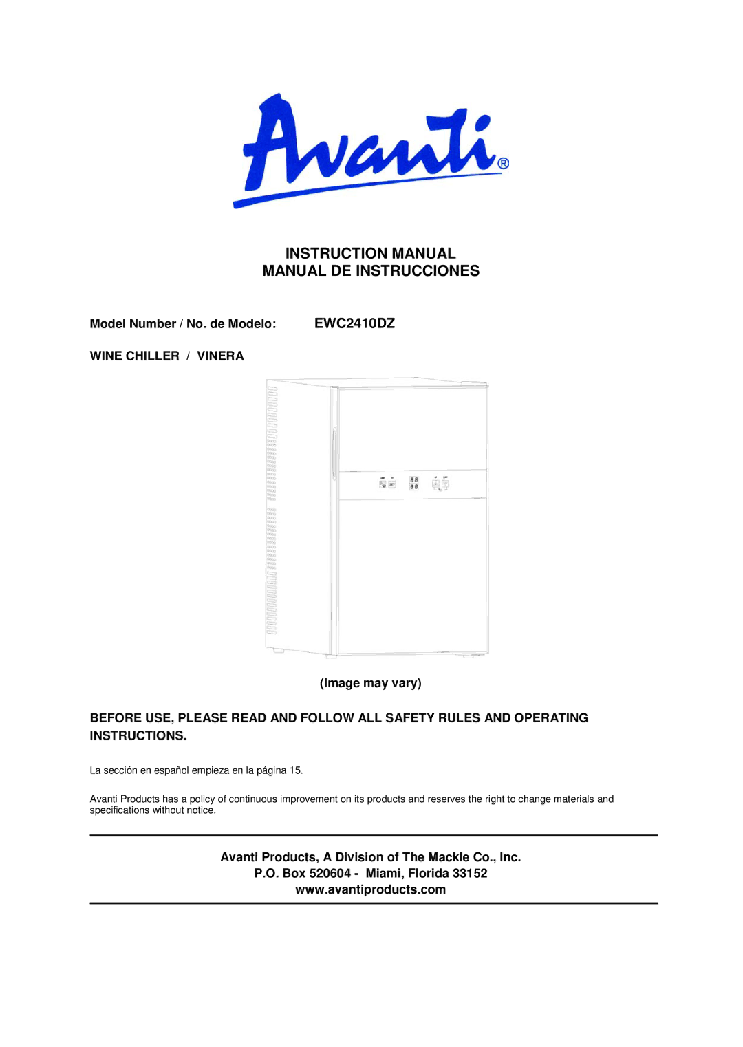 Avanti EWC2410DZ instruction manual Manual DE Instrucciones, Model Number / No. de Modelo, Wine Chiller / Vinera 